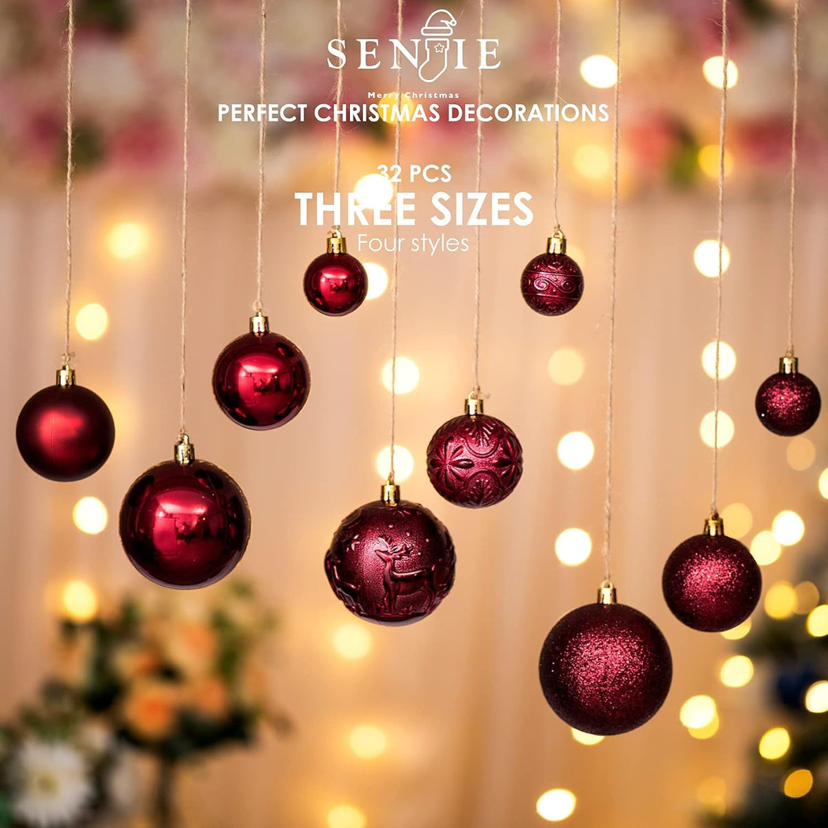 Christmas Ornaments for Xmas Trees,Burgundy Shatterproof Christmas Ball Ornaments