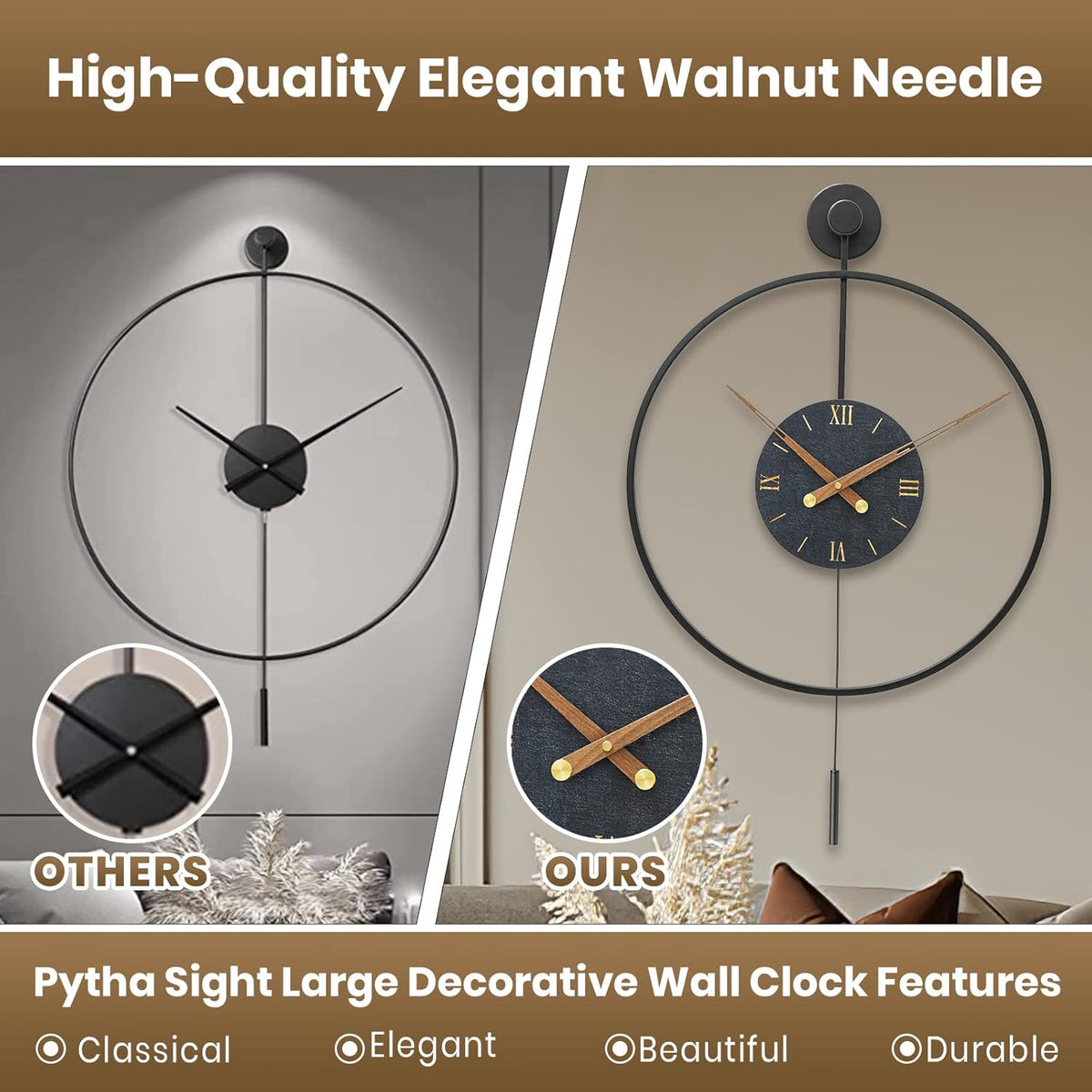 Large Modern Wall Clock,Wall Clocks for Living Room Decor,Classical Metal Minimalist Roman Numeral Dial,Big Decorative Farmhouse Pendulum Wall Clock With Walnut Pointers for Office,Dining Room