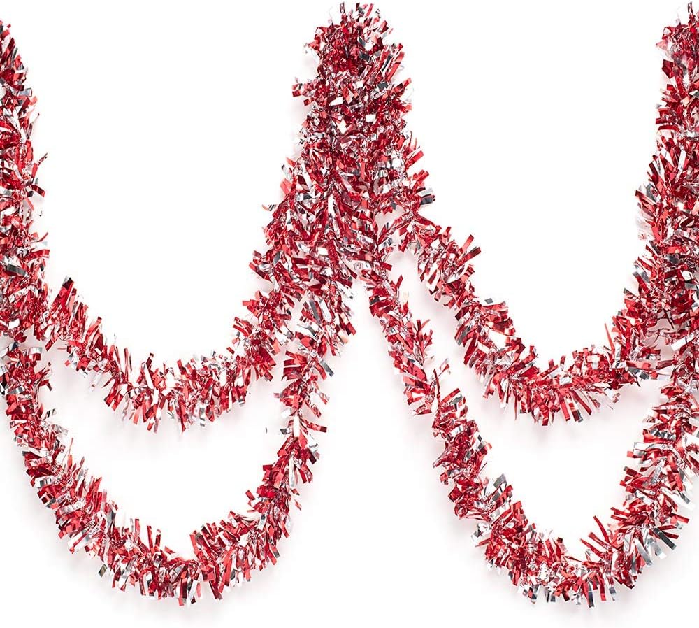 Anderson's Red & Silver Metallic Tinsel Twist for Trailer Or Golf Cart, 4 inches Wide x 25 ft Long, Graduation, Christmas, Birthday, Patriotic and Holiday Garland Decor for Parties and Parades