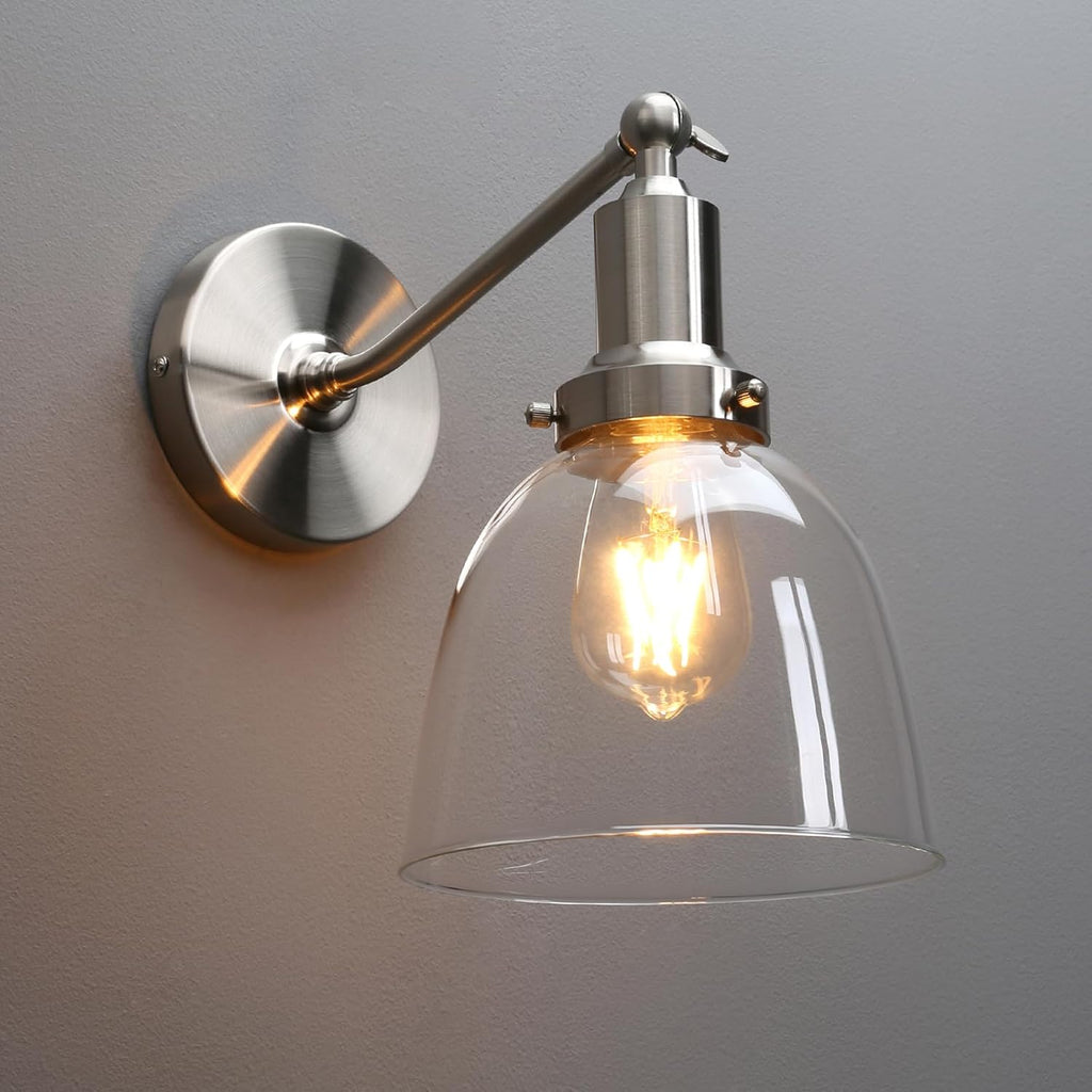 PERMO Industrial Vintage Slope Pole Wall Mount Single Sconce with 6.7" Oval Dome Clear Glass Shade Wall Sconce Light Lamp Fixture (Brushed Nickel)