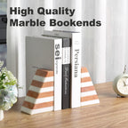 Marble Book Ends, Non-Skid Bookends for Shelves, Composite Bookend with Natural Stone, Heavy Duty Book Stopper, Collected CDs and Oversized Books Organizer, White & Red Decorative Bookends