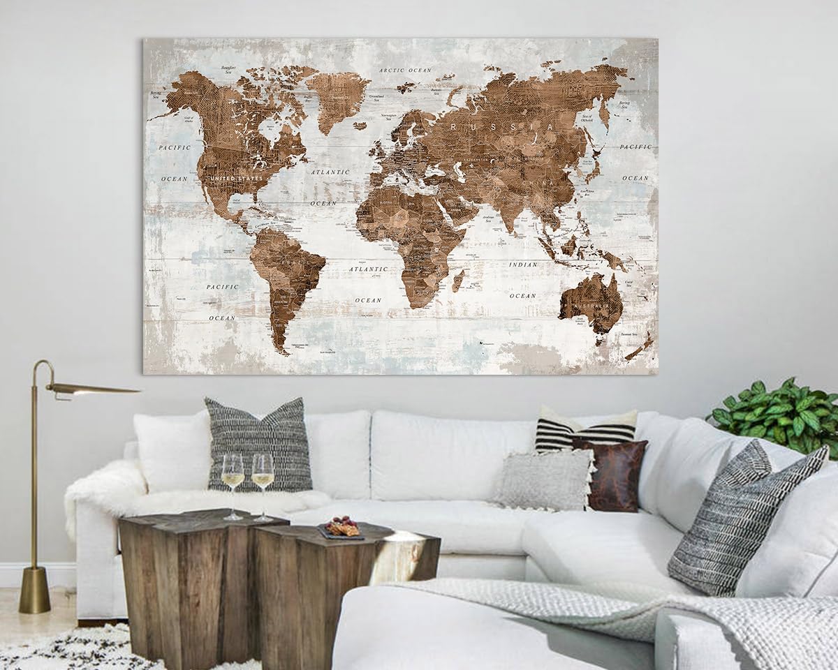 Pictures for Living Room Wall Decoration Canvas Large Wall Art Mens Office Brwon Travel Map Decor Tan Artwork