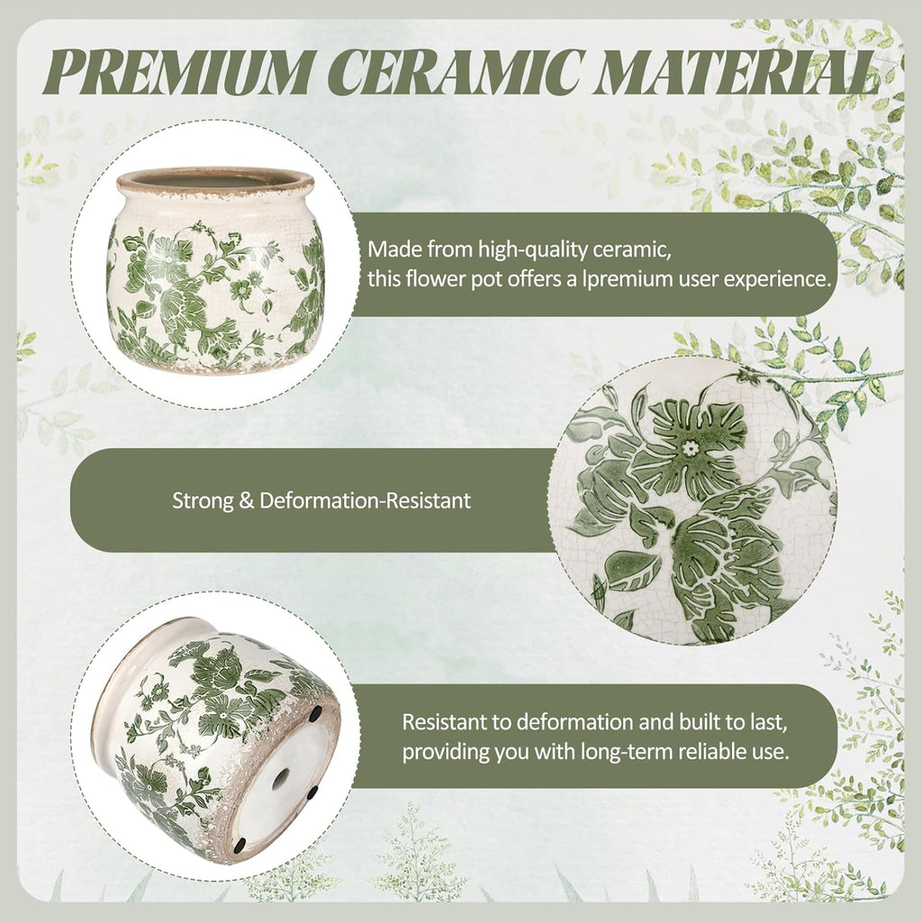 2 Pcs Vintage Planter Large Ceramic Plants Pot Beige Green Vintage Floral Ice Crack Cottage Scroll Vase Flower Vase Pot Indoor Plants Home Kitchen Decor Farmhouse Antique Decorative Gifts
