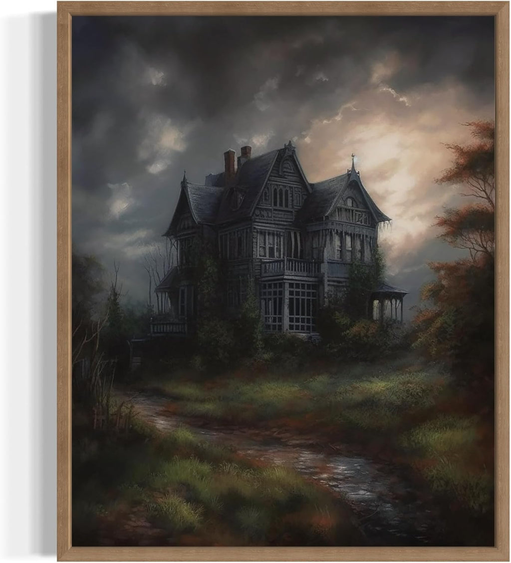 Haunted House Poster Art Print, Halloween Scary Vintage Wall Art Academia Spooky Painting Decoration for Horror Prints, Gothic Posters Bedroom Decor 89 (Haunted House, 16 x 20 inches, Wood Frame)