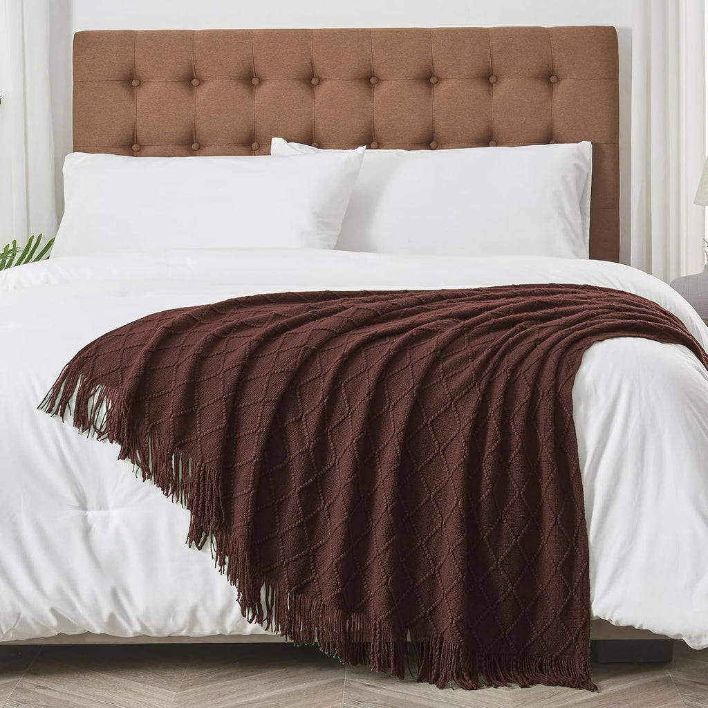 inhand Knitted Throw Blankets for Couch and Bed, Soft Cozy Knit Blanket with Tassel, Diamond Brown Lightweight Decorative Blankets and Throws, Farmhouse Warm Woven Blanket for Men and Women, 50"x60"