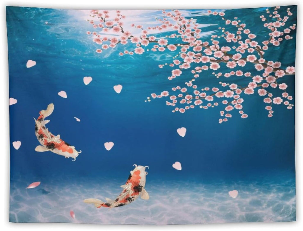 Japanese Koi Fish Tapestry, Cherry Blossoms Asian Oriental Blue Floral Branch Koi Fish Carp Tapestries Wall Hanging for Bedroom Living Room Office Decor 40"x30"