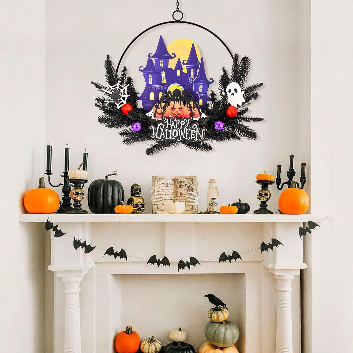 Lighted Halloween Wreaths for Front Door, Welcome Metal Wooden Door Wreath Decor Hanging Sign, 30 LED Lighted Wall Decor Battery Operated for Halloween Indoor Outdoor (Spider)