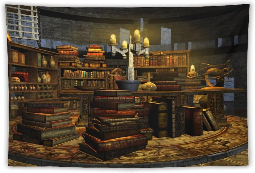 Kurtect Library Tapestry,Vintage Medieval Bookshelf Wooden Bookcase Antique Magic Art Tapestries for Party Beach Picnic Blankets Tablecloths Living Room Wall Deocr, 40x60 in