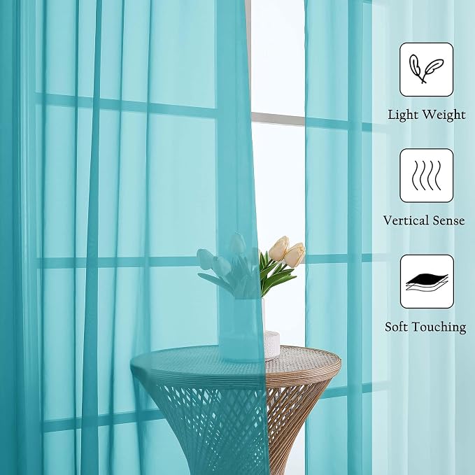Turquoise Sheer Curtains 108 Inches Long 2 Pcs, Rustic Farmhouse Dual Rod - Image 2