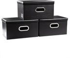 PRANDOM Collapsible Storage Box with Lid [3-Pack] Leather Fabric Foldable Storage Bin Organizer Container Basket Cube with Cover for Home Bedroom Closet Office Nursery Black(13.6x9.6x6.9)