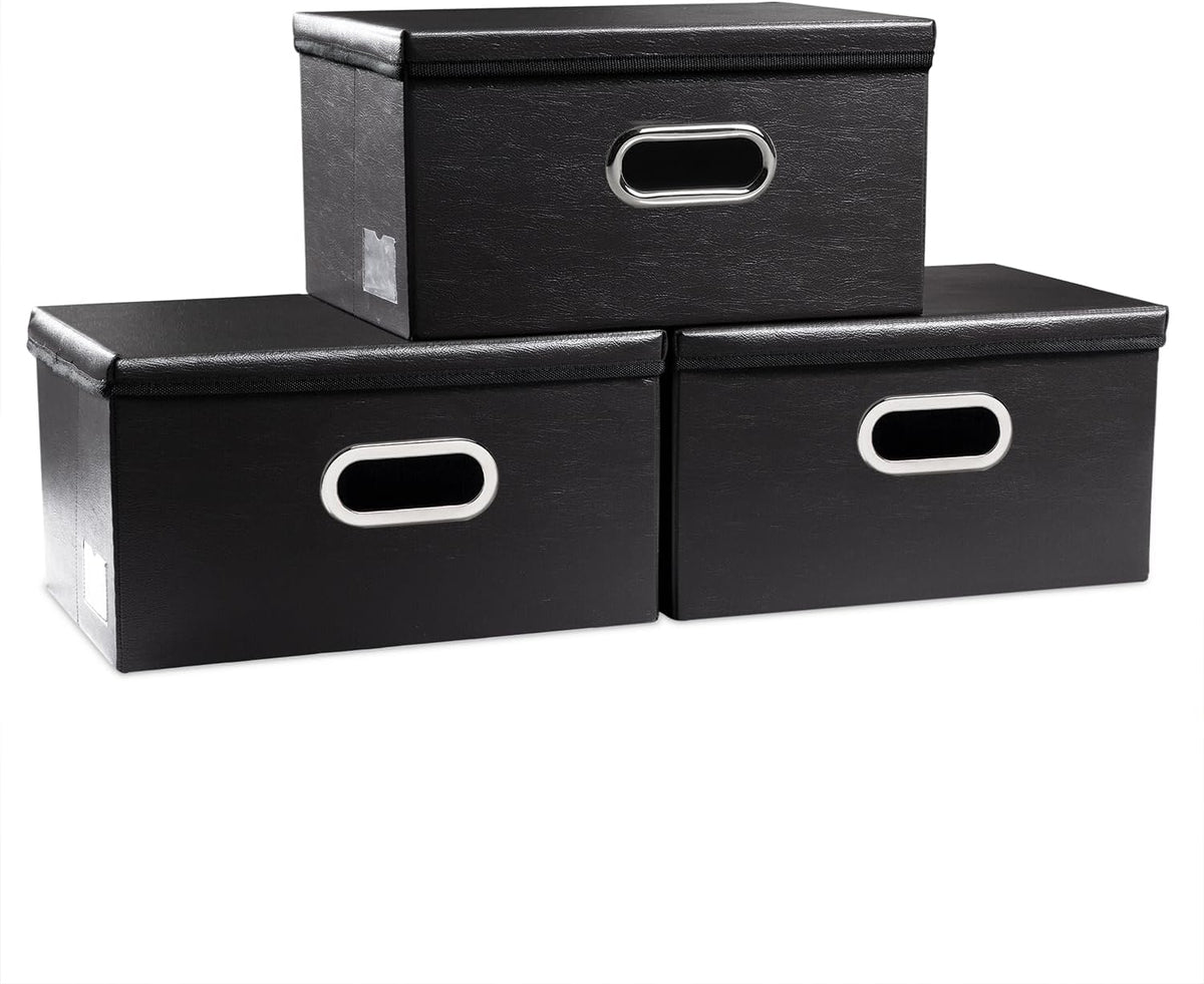 PRANDOM Collapsible Storage Box with Lid [3-Pack] Leather Fabric Foldable Storage Bin Organizer Container Basket Cube with Cover for Home Bedroom Closet Office Nursery Black(13.6x9.6x6.9)