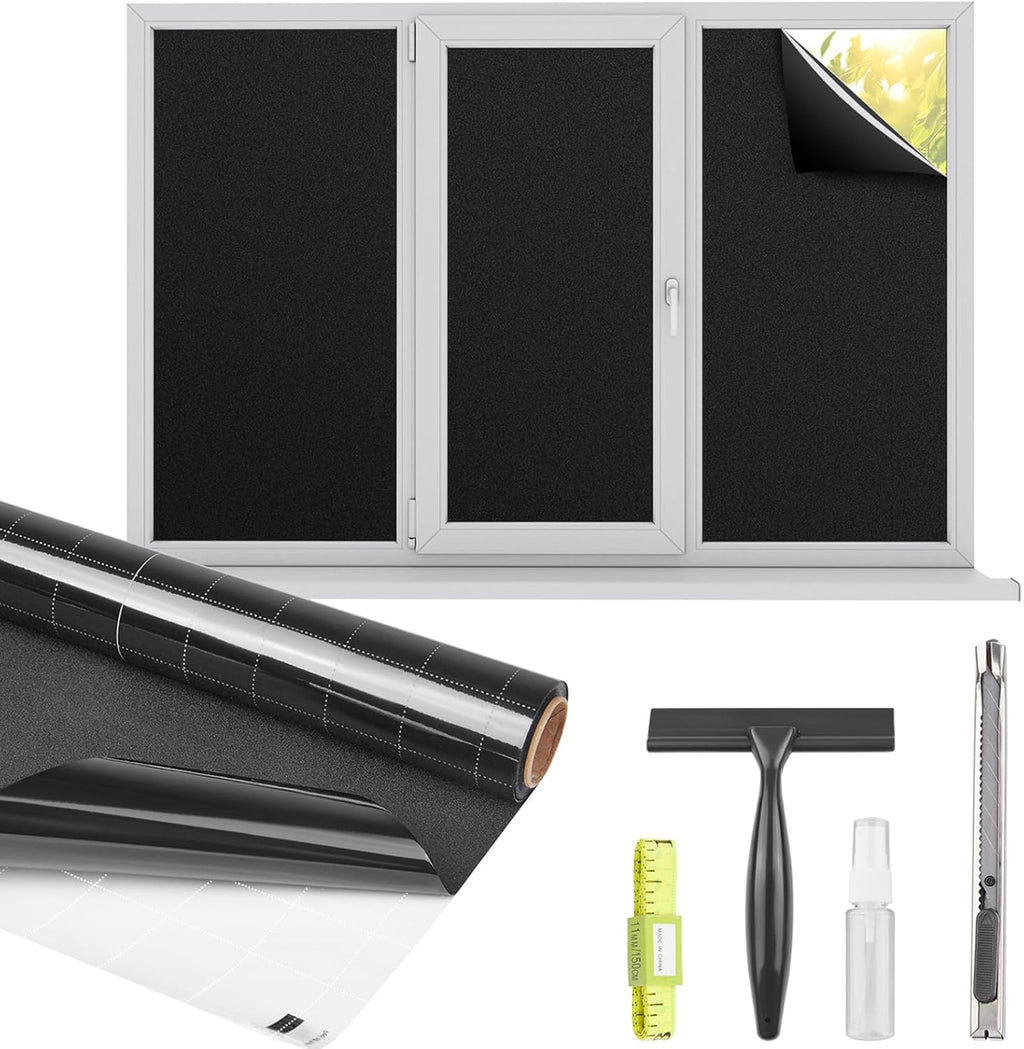 Kromapolis Blackout Window Privacy Film Total Light Blocking Room Darkening Window Covering, Removable Static Cling Frosted Glass Tint, Non-Adhesive, Black 17.5'' x 118.1''