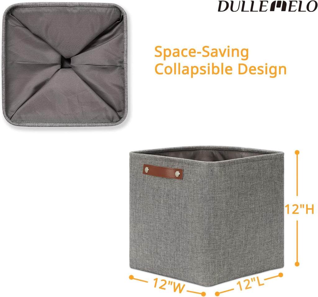 DULLEMELO 12 inch Cube Storage Bins, Large Collapsible Grey Storage Baskets for Square Cubes Organizing, Fabric Boxes Bins for Shelves Nursery Home Office Storage(4 Pack - 12" Grey)