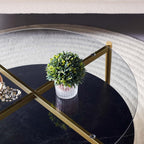 Round Coffee Table for Living Room, Mid-Century Modern Design, D30 x H17, 2-Tier Structure, Grey Glass Top and Black Marble Finish Wood Shelf, Sleek Conical Metal Legs with Gold Finish Frame