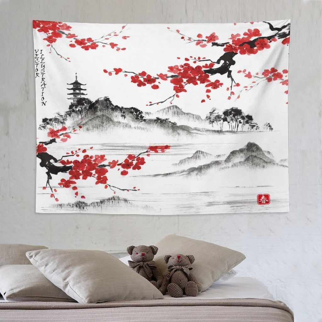 Cherry Blossoms Tapestry, Japanese Fuji Mountain Tapestry, Asian Japanese Wall Tapestry, Nature Landscape Tapestries for Bedroom Living Room Decor 80"x60"