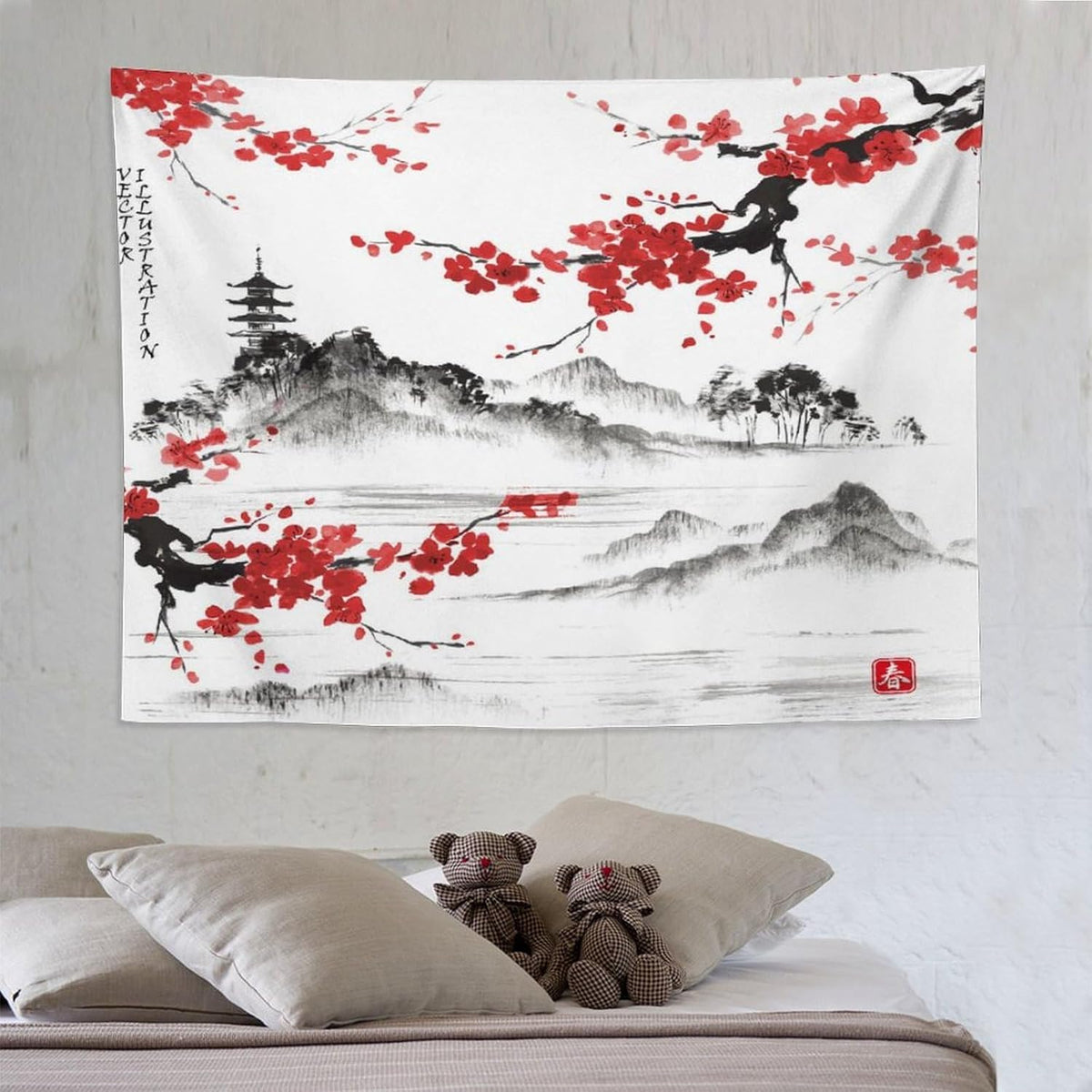 Cherry Blossoms Tapestry, Japanese Fuji Mountain Tapestry, Asian Japanese Wall Tapestry, Nature Landscape Tapestries for Bedroom Living Room Decor 80"x60"