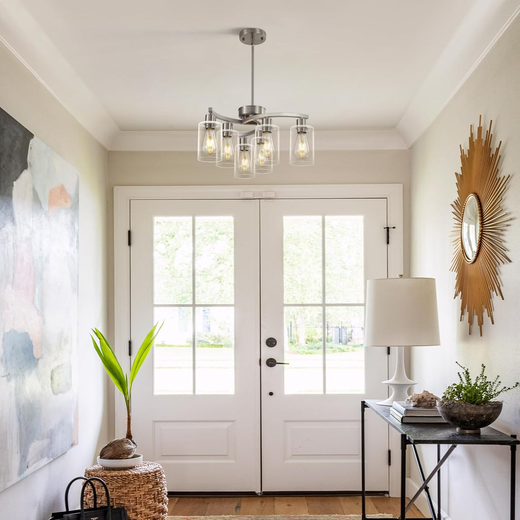6 Light Modern Brushed Nickel Pendant Light Fixture For Dining Room，Contemporary Kitchen Light Fixtures Brushed Nickel，Adjustable Height Farmhouse Dining Chandeliers Over Table，With Glass Shade