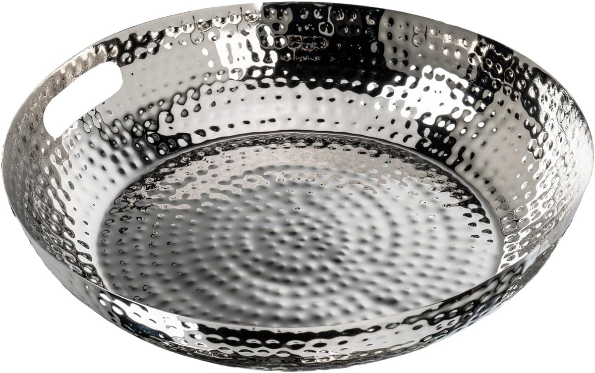 MyGift 14 Inch Deluxe Decorative Dish Tray Centerpiece Base, Silver Tone Plated Hammered Aluminum Fruit Bowl Serving Platter with Cutout Handles - Handcrafted in India