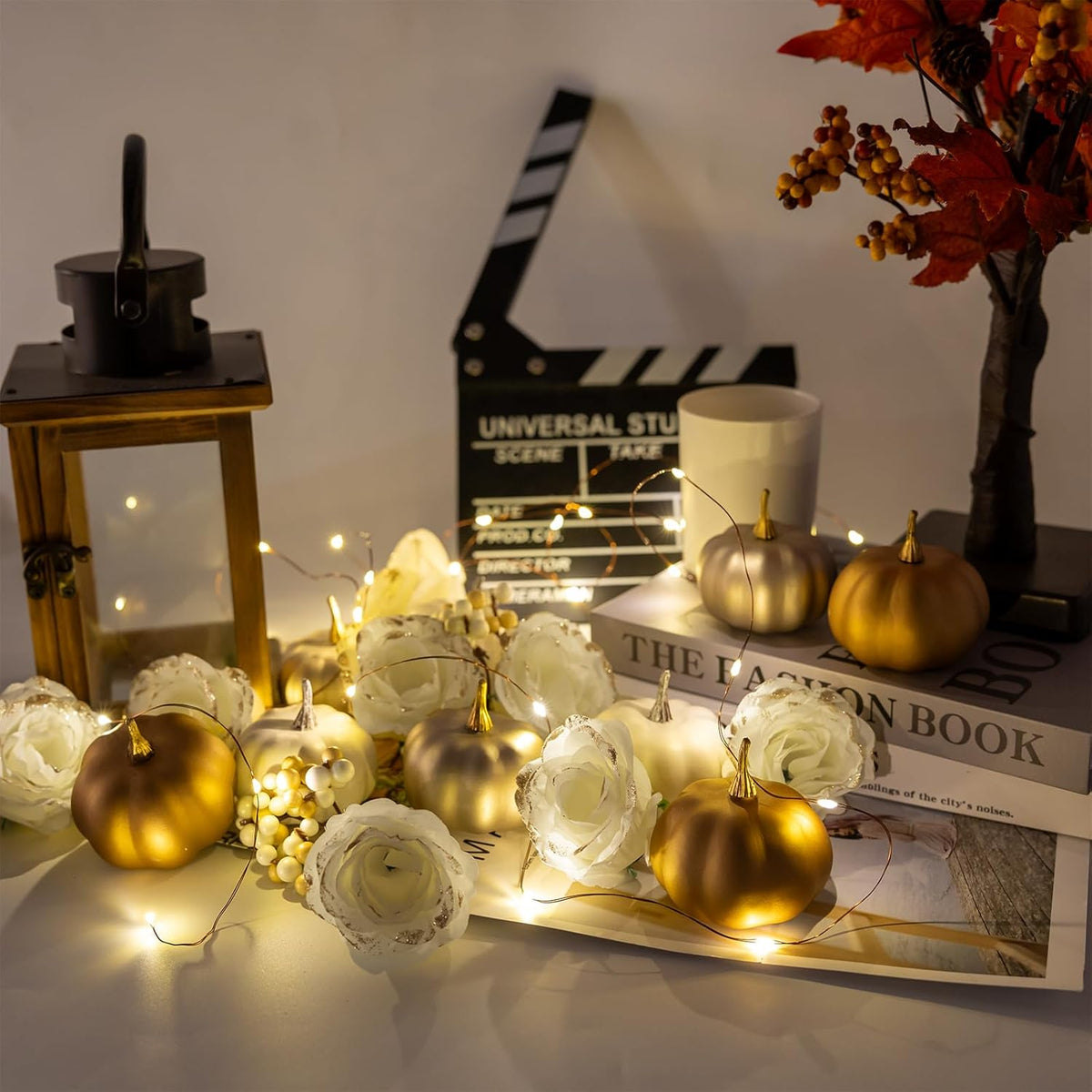 Fake Pumpkins, 21 Pcs White Artificial Pumpkins, Plastic Pumpkin Berries Rose Artificial Flowers Fall Decoration Kit for Thanksgiving Table Decoration