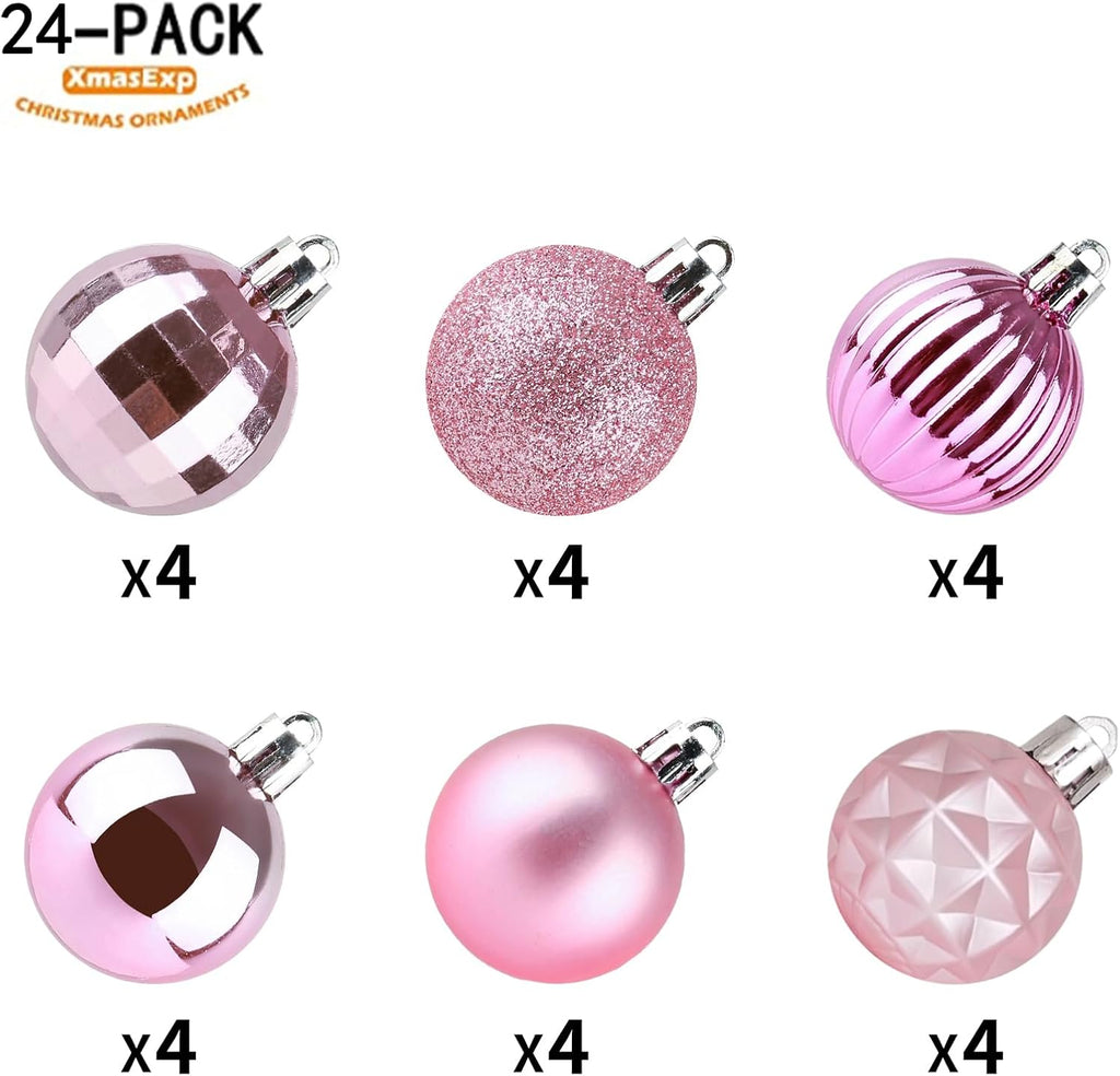 XmasExp 24ct Christmas Ball Ornaments Shatterproof Christmas Ornaments Set Decorations for Xmas Tree Balls 40mm/1.57” (1.57'', Pink)