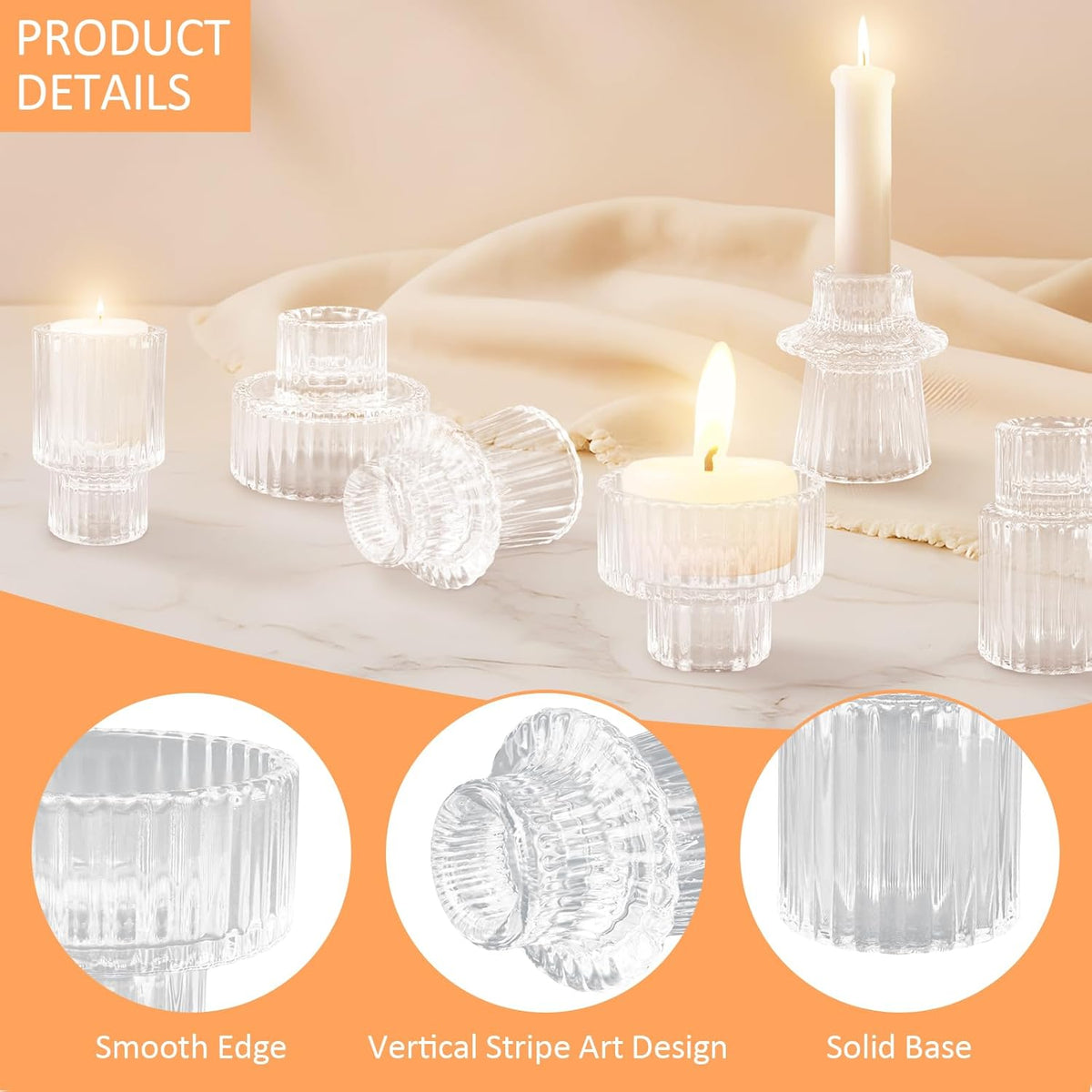 12 Pcs Glass Candlestick Holders Taper Candle Holders for Table Centerpieces, Wedding Decor and Dinner Party, Clear