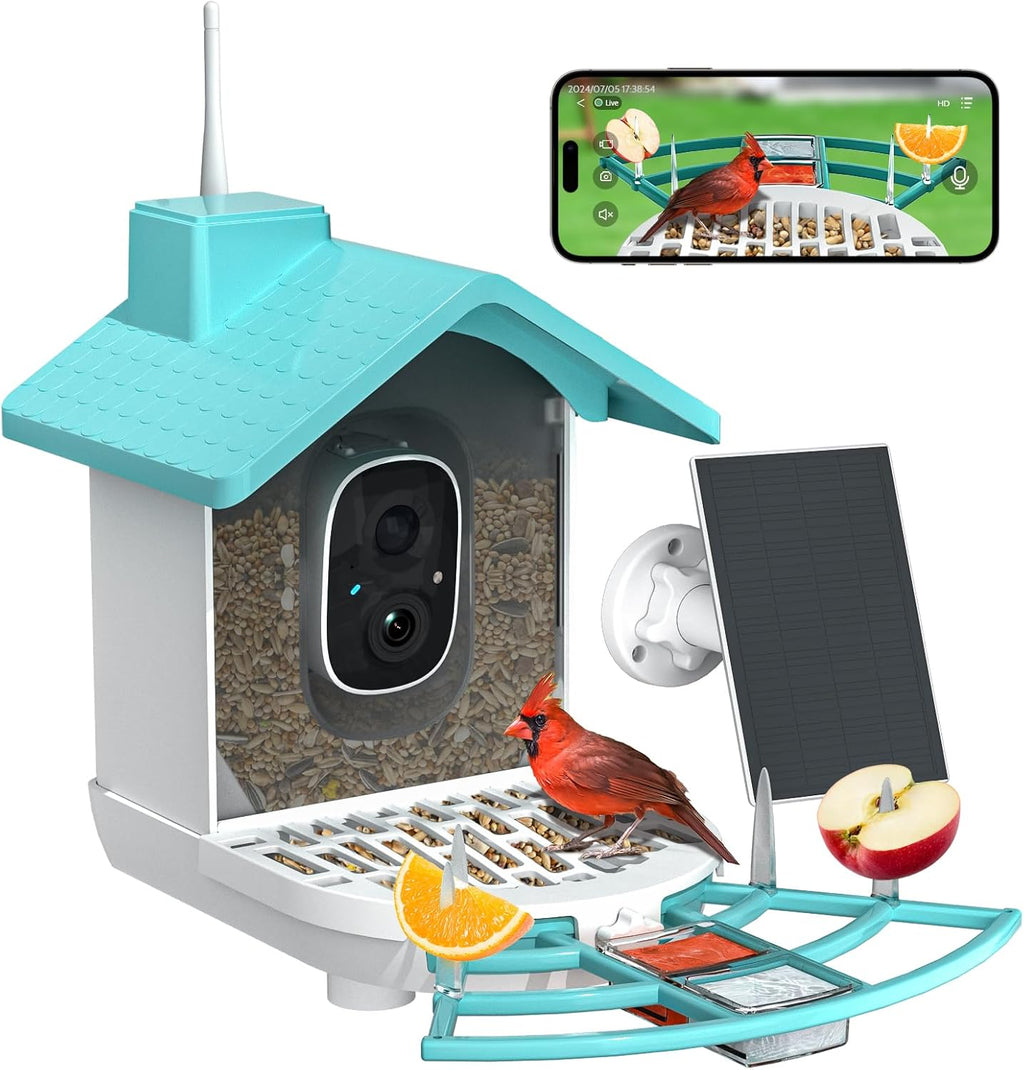 Smart Bird Feeder with Camera, 2K HD Bird Feeders for Outdoors with Solar Panel, Al Identification, Idea Gift, Blue