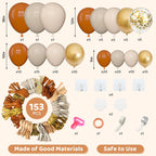 Amandir 153pcs Burnt Orange Balloon Garland Arch Kit, Different Sizes 18 12 10 5inch White Sand Nude Latex Metallic Gold Confetti Thanksgiving Fall Balloons for Baby Shower Birthday Party Decorations