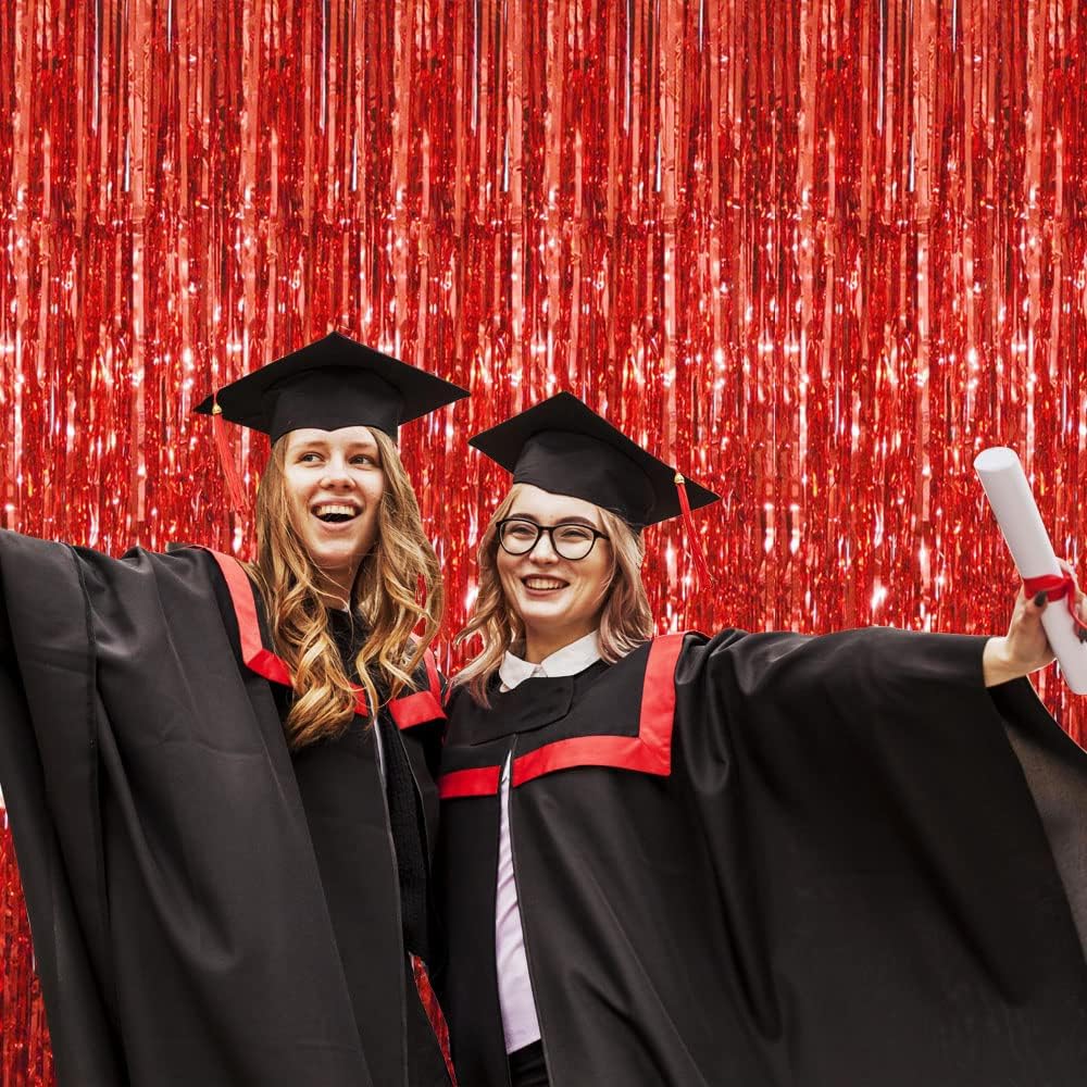 GOER 3.2 ft x 9.8 ft Metallic Tinsel Foil Fringe Curtains Party Photo Backdrop Party Streamers for Birthday,Graduation,New Year Eve Decorations Wedding Decor (3 Pcs, Red)