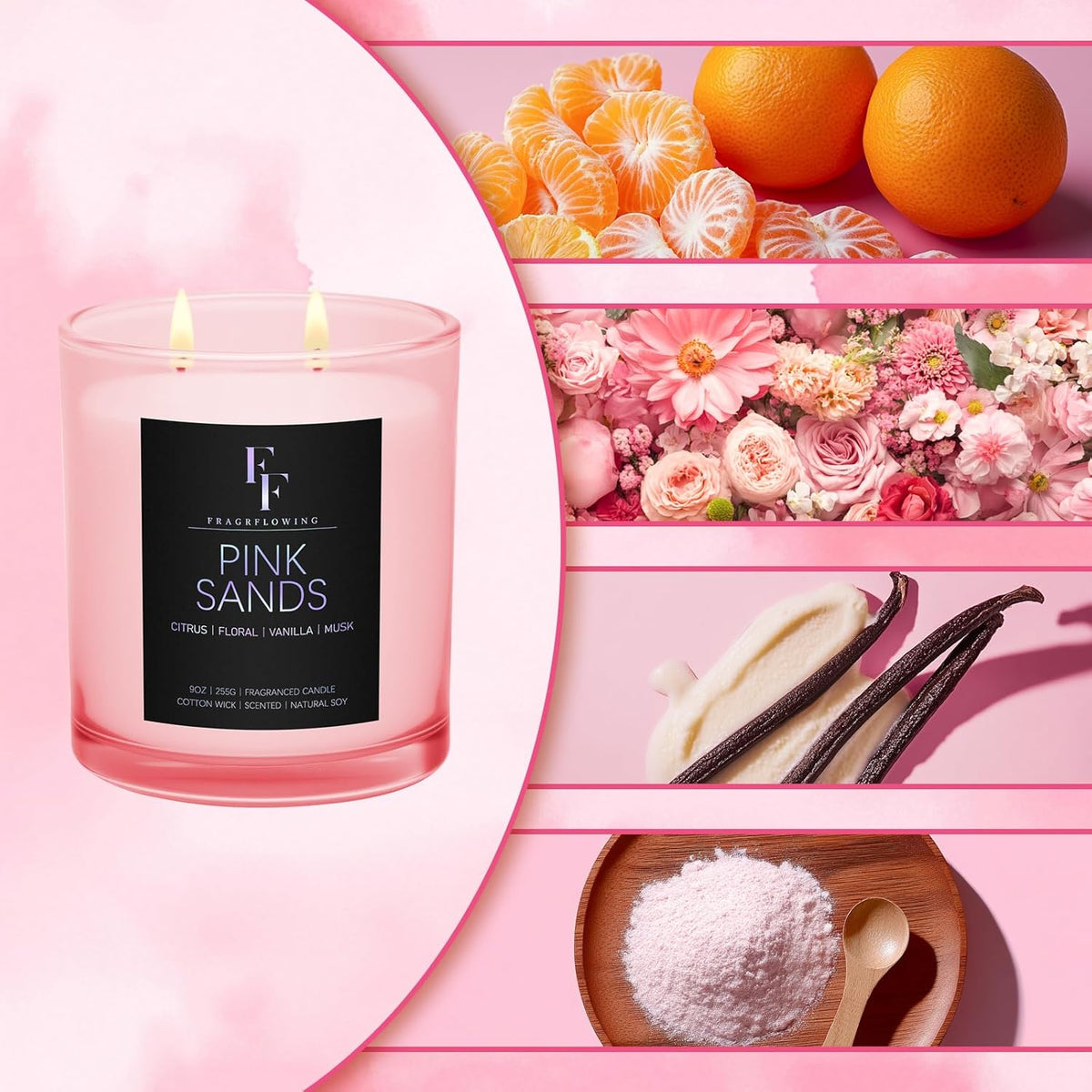 Pink Sand Scented Candle, 2-Wick Luxury Soy Wax Candle, 9 oz Aromatherapy Candle Home Fragrance Candles Gift