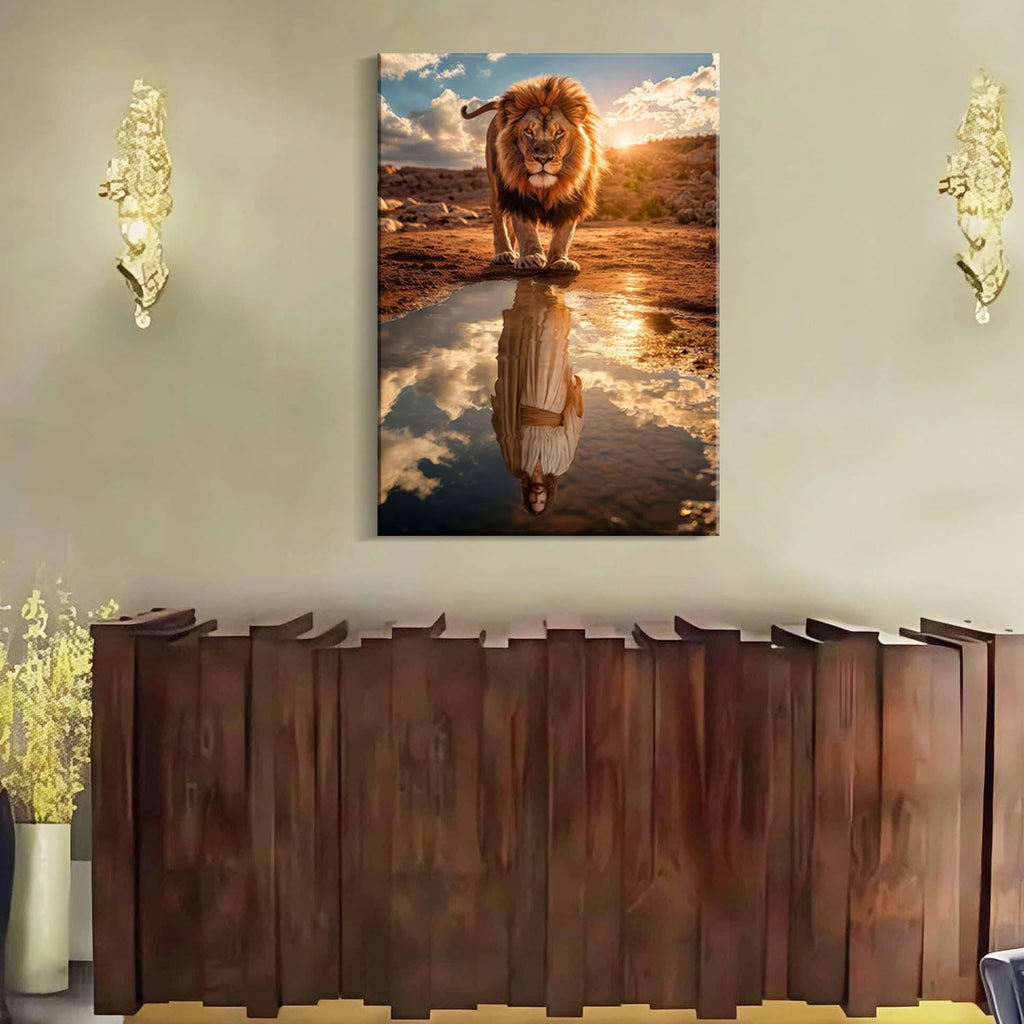 Framed Canvas Wall Painting Lion and Jesus Reflection Religious Poster Inspirational Faith Gallery Picture Print for Living Room and Bedroom Decor 12x16 Inch Ready to Hang