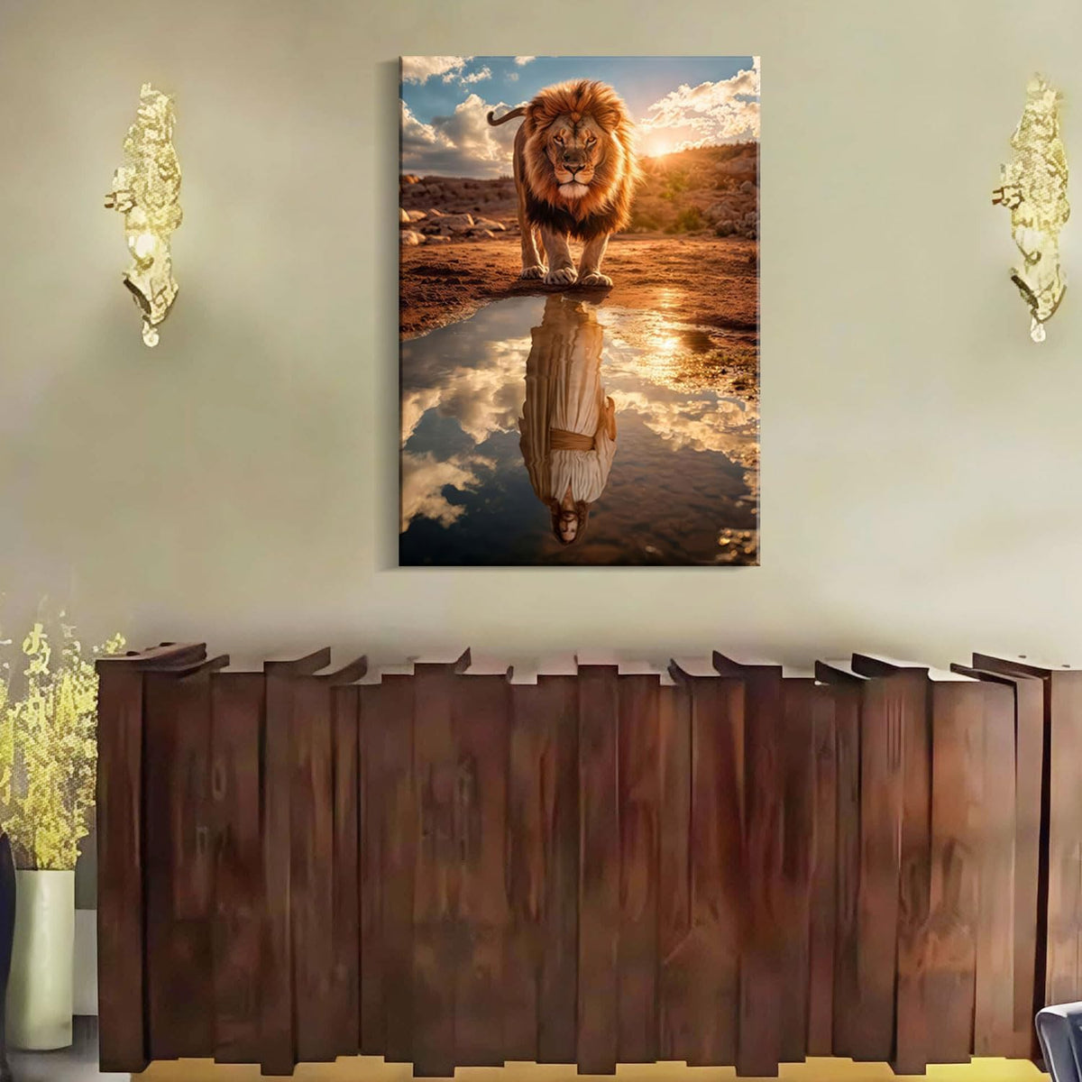 Framed Canvas Wall Painting Lion and Jesus Reflection Religious Poster Inspirational Faith Gallery Picture Print for Living Room and Bedroom Decor 12x16 Inch Ready to Hang