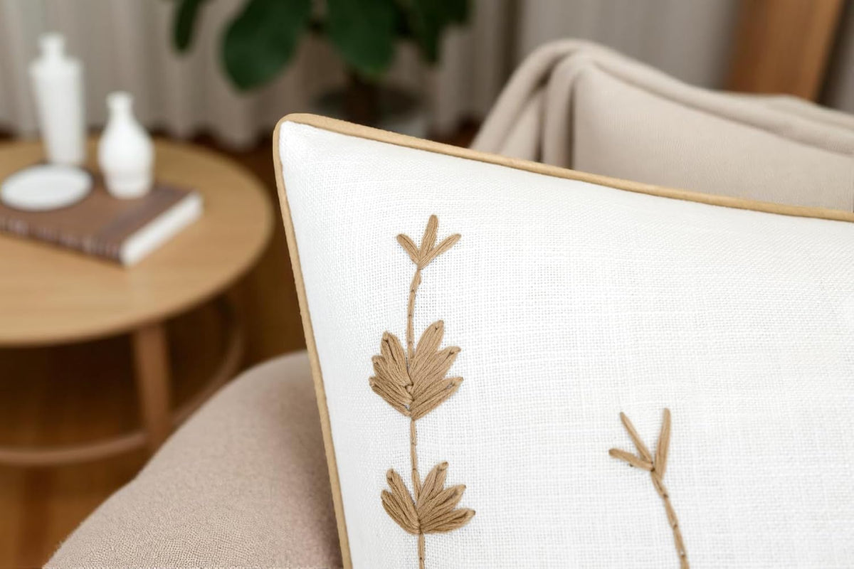 VAGMINE Hand Embroidered Daisy Accent Throw Pillow Cover - 18x18 Inches Square - 100% Cotton Ivory Decorative Cushion Cover for Couch, Sofa, Living Room - Textured Embroidery - Cozy Floral Home Décor