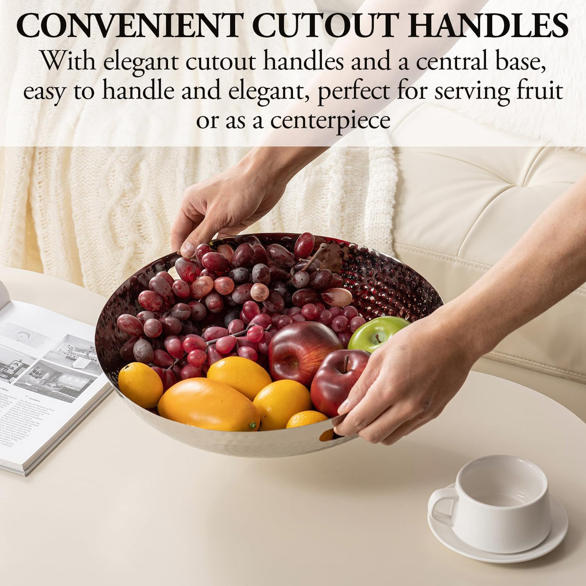 MyGift 14 Inch Deluxe Decorative Dish Tray Centerpiece Base, Silver Tone Plated Hammered Aluminum Fruit Bowl Serving Platter with Cutout Handles - Handcrafted in India