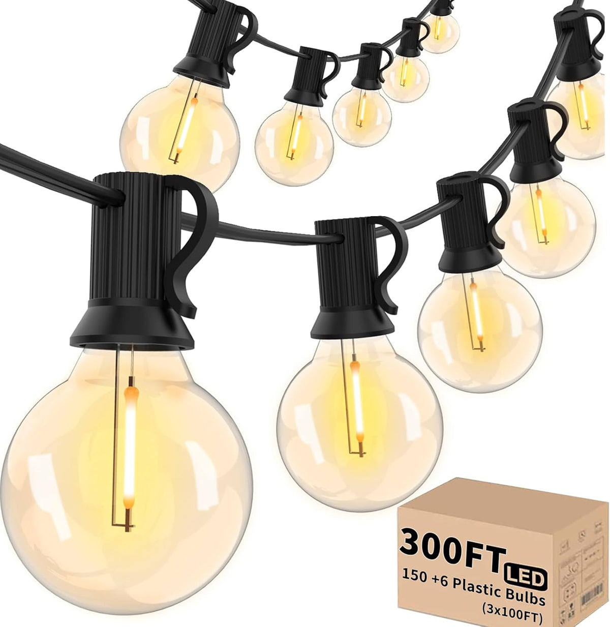 Svater Outdoor String Lights 300 FT, Patio Lights Outside with 156 G40 Shatterproof LED Bulbs, Waterproof Hanging Globe Lighting for Bistro Backyard Cafe Market, Warm White 2700K（3 x 100 FT）