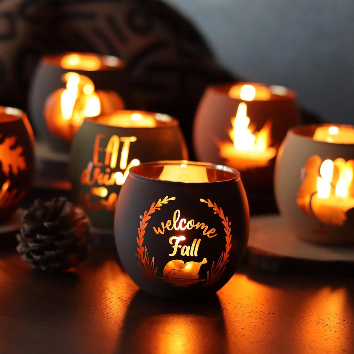 SHMILMH Thanksgiving Votive Candle Holder Set of 12, Glass Tealight Votives Holder with 6 Laser Engraving Patterns, Fall Table Centerpiece Indoor Outdoor Decor