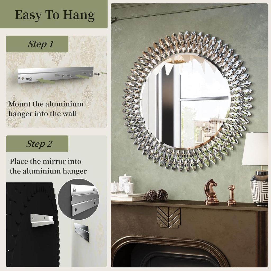 Kelly Miller Jeweled Mirror for Wall, 28 Inch Round Luxury Mirror with Sparkling Diamonds Beveled Modern Wall Decor for Bathroom, Living Room, Bedroom, Hallway