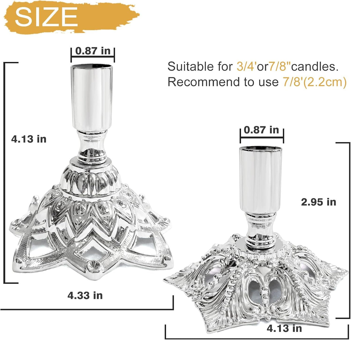 Candlestick Holders,Taper Candle Holder for Candlesticks Silver Plated Candle Metal Stick Candle Holders for Fireplace,Party, Dining,Wedding Decor,Fits 3/4 inch Thick Candle(Set of 2Pcs)