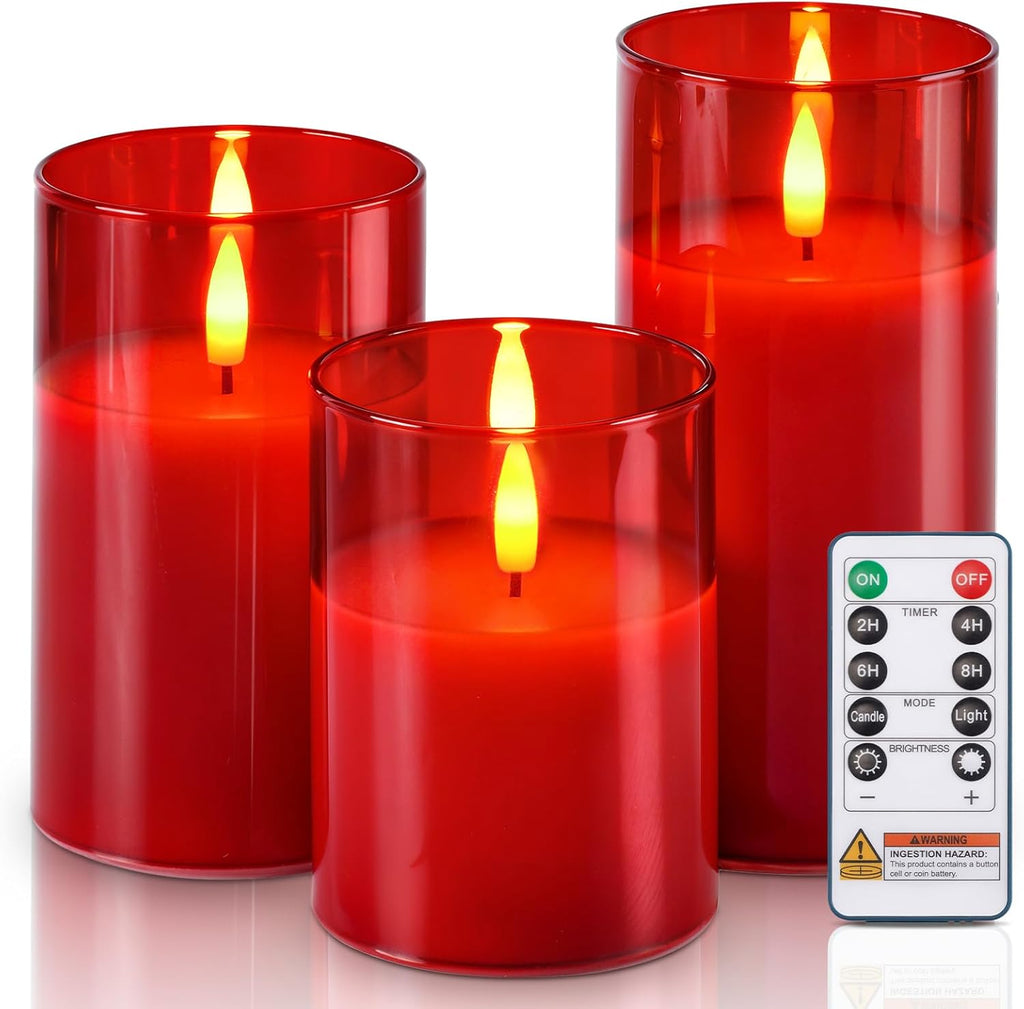 Homemory Red Glass Flameless Candles, Battery Operated LED Pillar Candles with Remote Control and Timer, Radiance Candles, Real Wax, Set of 3,D3 xH4 5" 6"