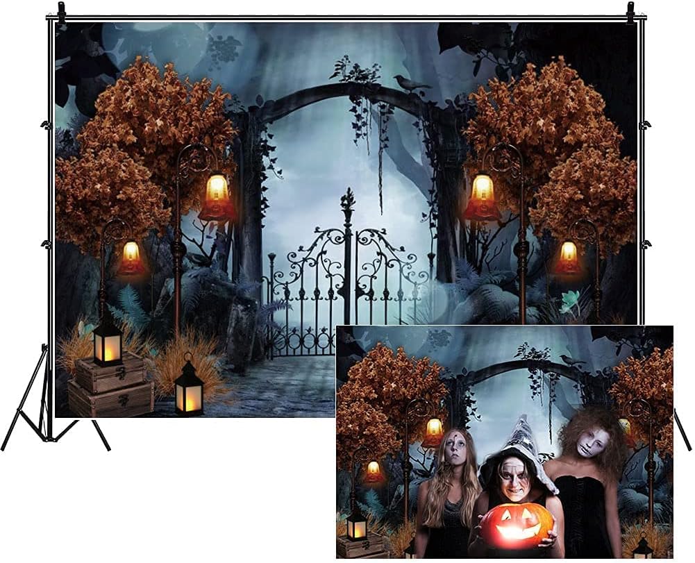 Durable Fabric Halloween Backdrop 10x8ft Horror Cemetery Iron Gate Scary Halloween Photo Background for Photography Halloween Party Decorations Wall Decor Photo Studio Decoration Supplies