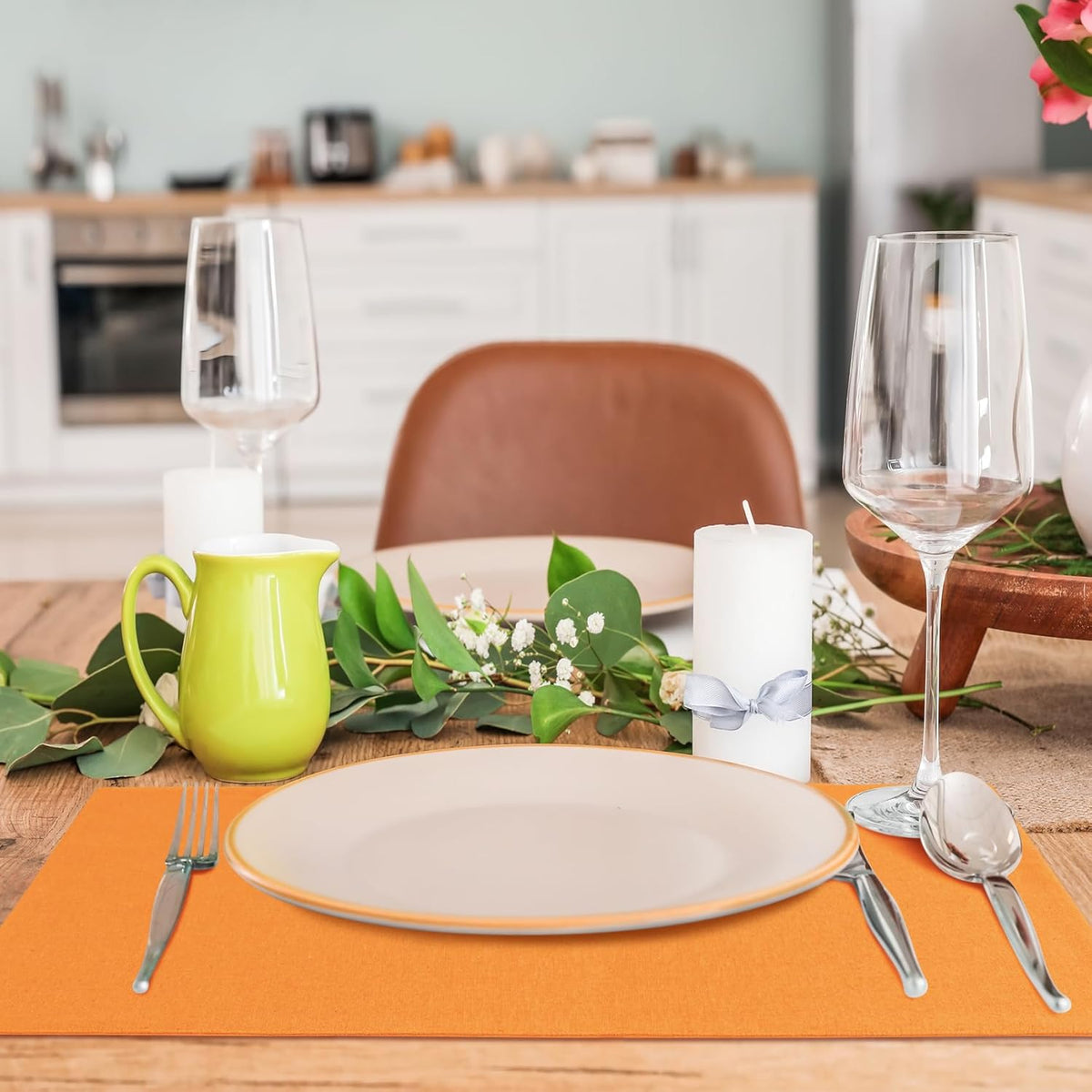 MANSPHIL Orange Cloth Placemats Set of 4, Washable Thick Faux Linen Place Mats Heat Resistant Double Layer Table Mats for Dining Kitchen, 13x19 Inch