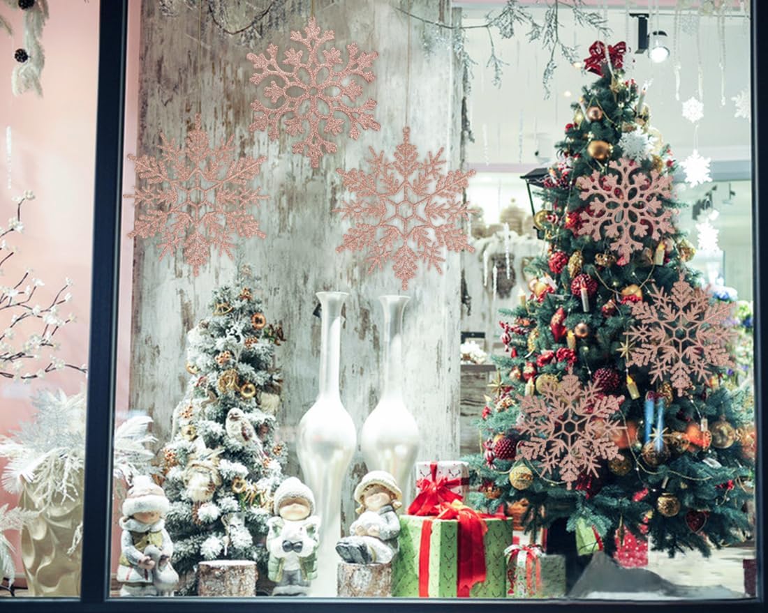 6pcs Large Snowflakes Ornaments Rose Gold 12” Big Plastic Glitter Snowflake for Winter Indoor Outdoor Christmas Tree Window Room Decorations Giant Craft Snowflakes