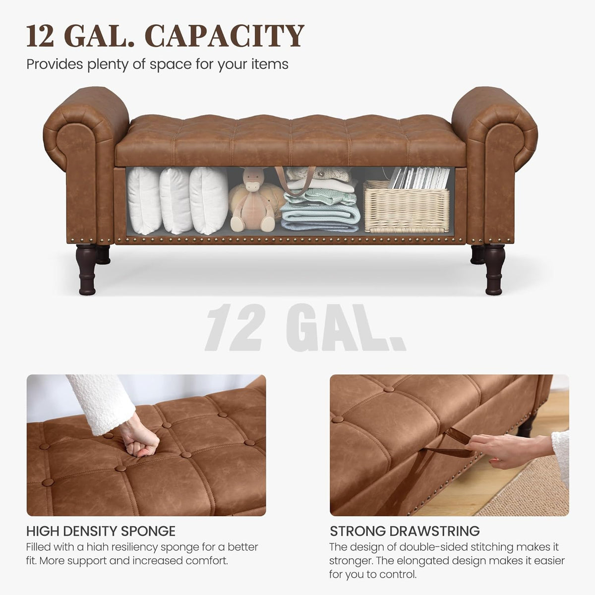 51" Storage Ottoman Bench for Bedroom, Full Queen Storage Bench with Button, Upholstered Bedroom Bench with Rolled Arms for Living Room, Storage Room, Entryway, Brown
