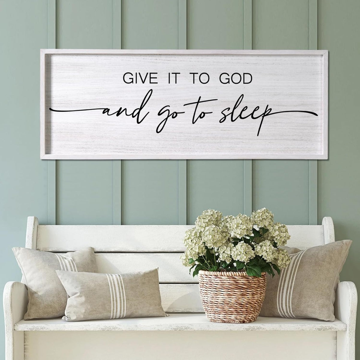 Give It to God and Go to Sleep Decorative Rustic Sign & Plaque Framed Wall Art for Couples, 40''×15'' Vintage Farmhouse Wooden Horizontal Wall Decor Above Bed, Cottagecore Wedding Gift for Bedroom