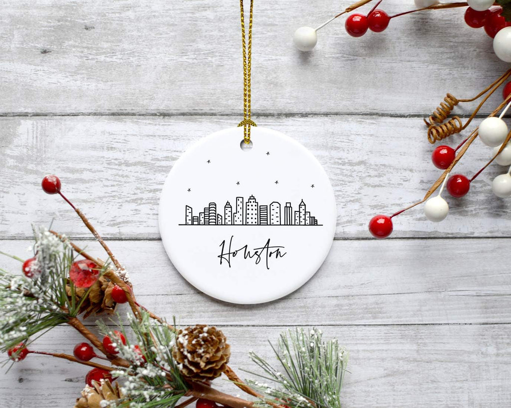Andaz Press Round Ceramic Porcelain Christmas Tree Ornament Keepsake, Houston Black and White Stars City Skyline Graphic, 1-Pack, Birthday Gift Idea for Family, Coworker, Him, Her, Includes Gift Box