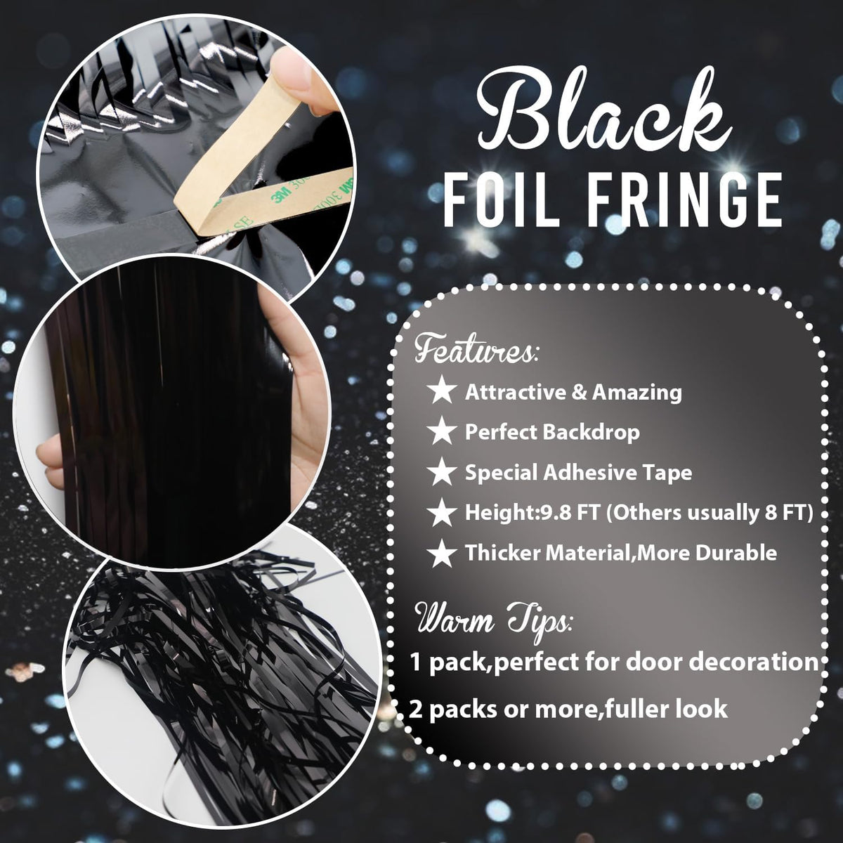 GOER 3.2 ft x 9.8 ft Metallic Tinsel Foil Fringe Curtains Party Photo Backdrop Party Streamers for Halloween,Birthday,Graduation,New Year Eve Decorations Wedding Decor (5 Packs,Black)
