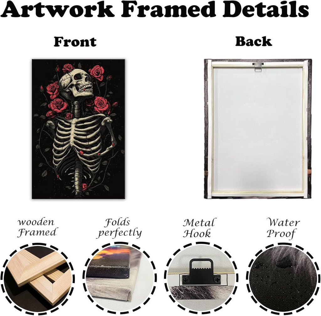 OAAPITI Gothic Skull Wall Art Skeleton and Roses Canvas Pictures Print Vibrant Dark Art Decor for Bedroom Living Room Bathroom(Artwork-6,24"x36")