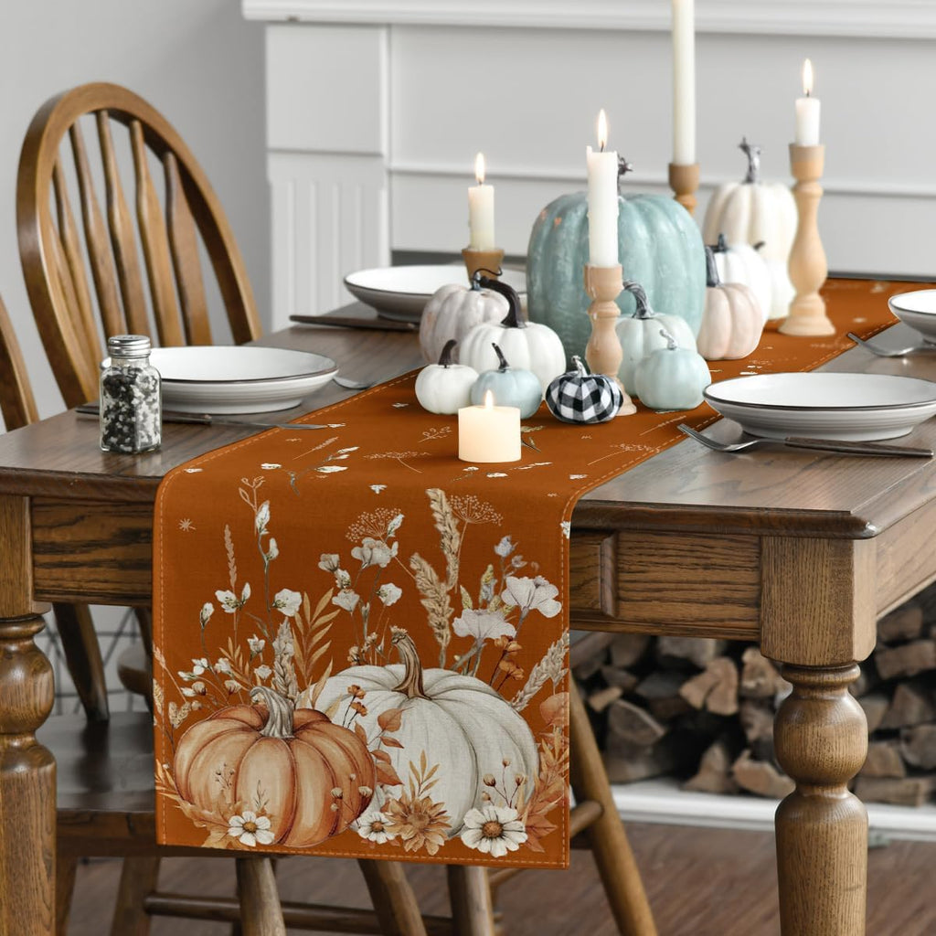 Artoid Mode Orange Pumpkins Leaves Flowers 210 GSM Fall Table Runner, Seasonal Autumn Kitchen Dining Table Decoration for Home Party Decor 13x60 Inch
