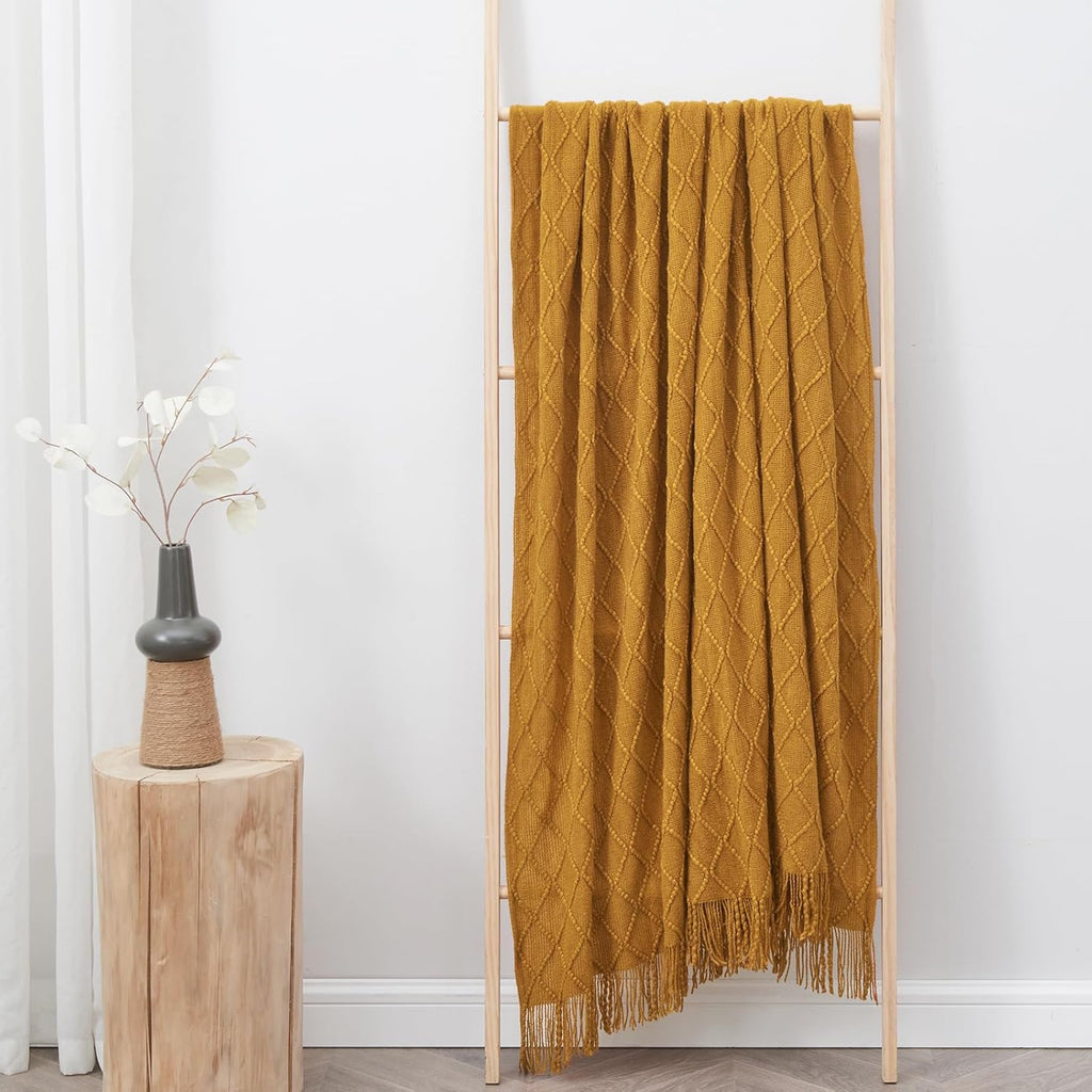 inhand Knitted Fall Throw Blanket for Couch and Bed, Knit Fall Decor Halloween Blanket with Tassel, Brown Lightweight Decorative Farmhouse Warm Woven Blankets and Throws for Women, 60"x80"
