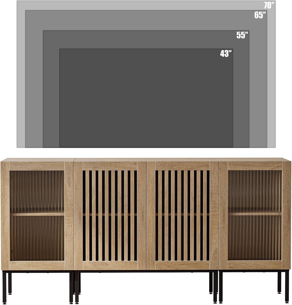 Farmhouse TV Stand for TVs up to 70 Inch, Entertainment Center TV Console with Storage Cabinets and Glass Doors,Media Console for Living Room,Oak