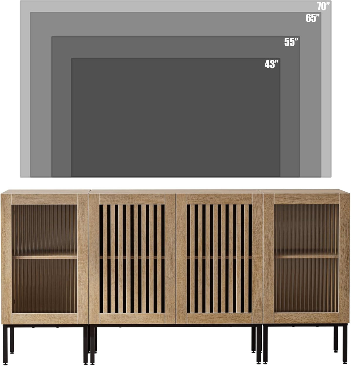 Farmhouse TV Stand for TVs up to 70 Inch, Entertainment Center TV Console with Storage Cabinets and Glass Doors,Media Console for Living Room,Oak